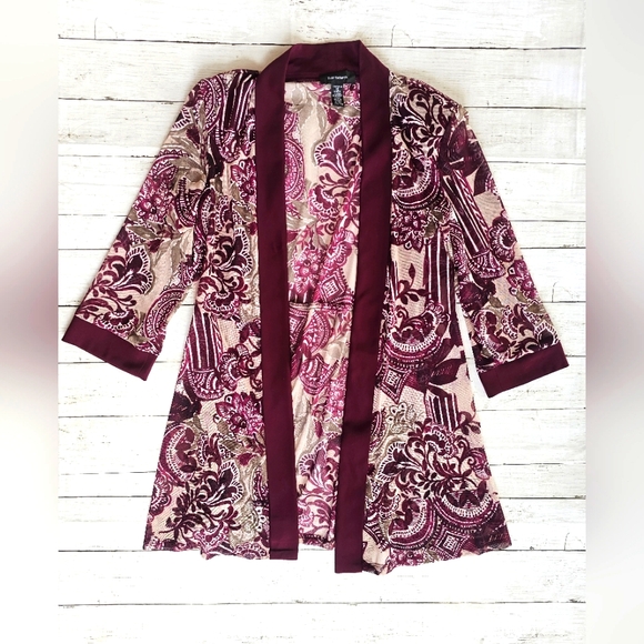 R&M Richard's Luxury Wine/Plum Sheer Lace Floral Open Cardigan Flowy Top Size 12 - Picture 11 of 14